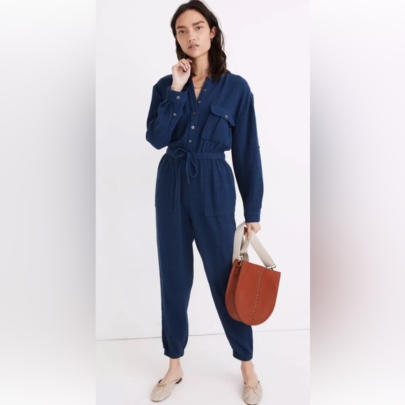 Madewell Pants - Madewell women 6 Lightspun Tapered Leg Jumpsuit Coastal Blue cotton MC943 gauze